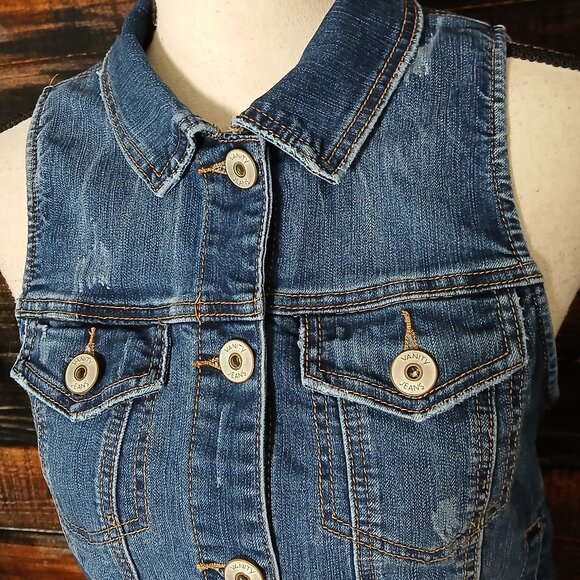 Vanity Y2K Denim Vest Size M Blue Jean Button Front Distressed Cropped - Picture 3 of 10